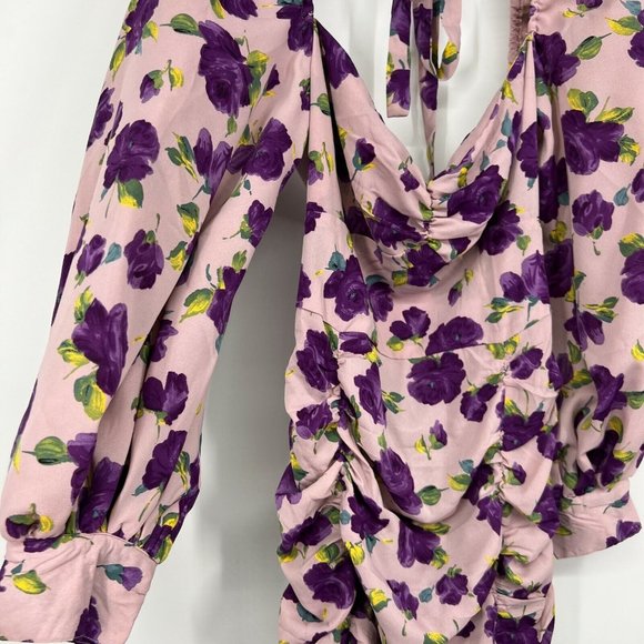 Nasty Gal Dress Purple Floral Print Balloon Sleeve Ruched Mini NWT - Picture 6 of 12